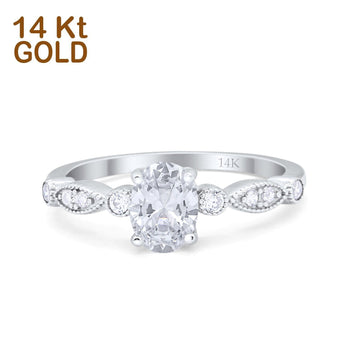 14K White Gold Vintage Style Oval Bridal Wedding Engagement Ring Simulated CZ